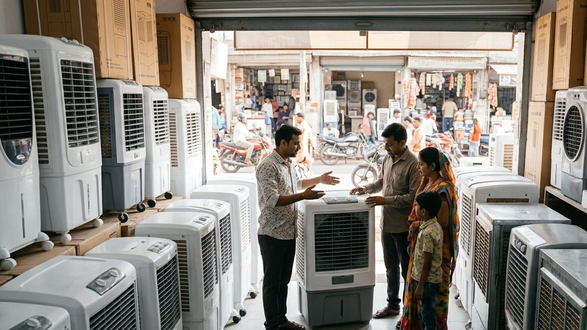 A shopkeeper showing a Pankaj air cooler to a family in a local appliance shop
