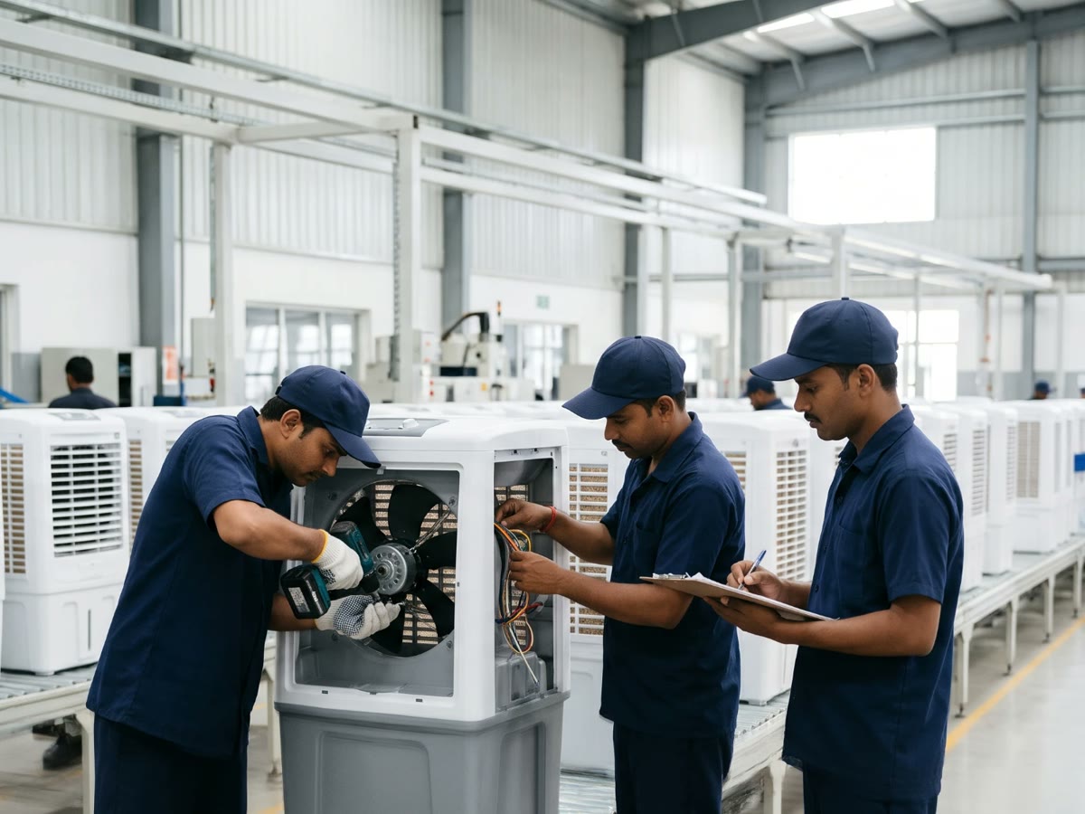 Pankaj technicians assembling air coolers in the Indore factory